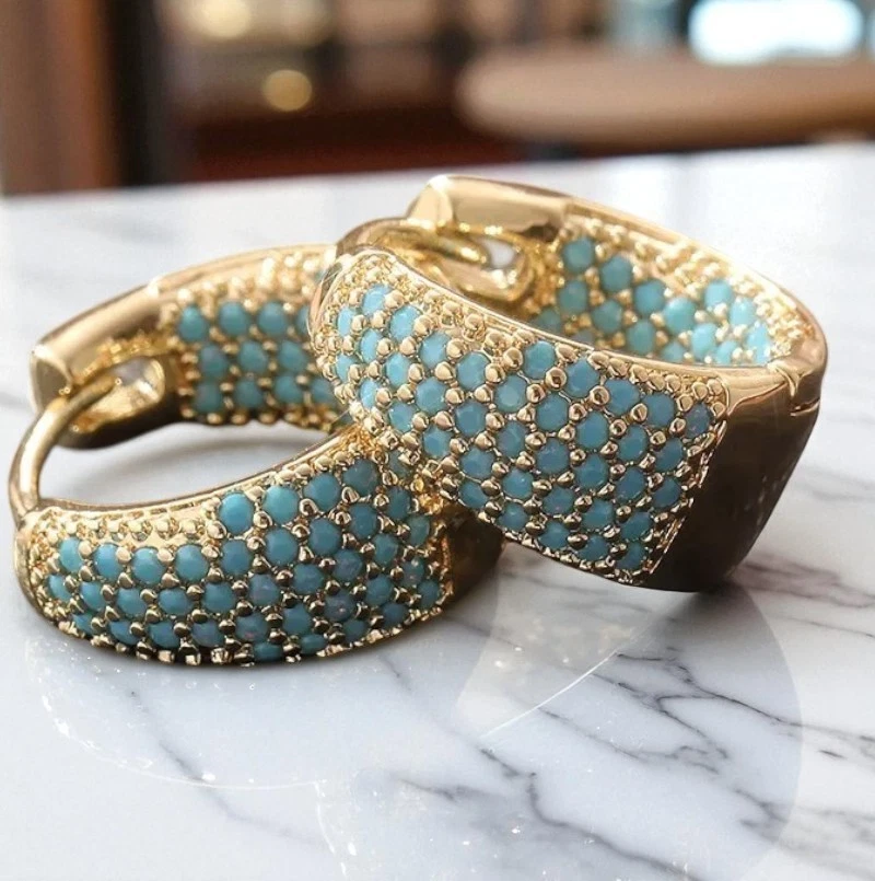 Luxuriöse Damen Mädchen Spanische Style 14K Gelbgold vergoldet Creole Türkis #38 - Bild 2 von 4