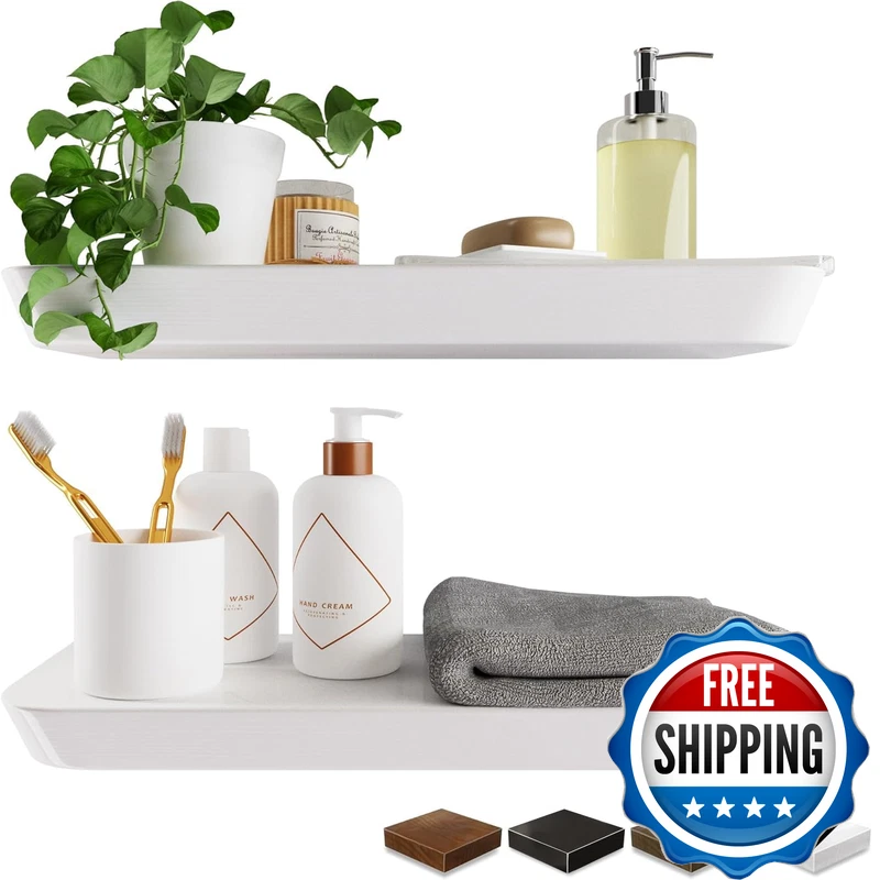 Yaneva Wood White Floating Shelves For Wall 16 Inch Set Of 2 - White Bathroom