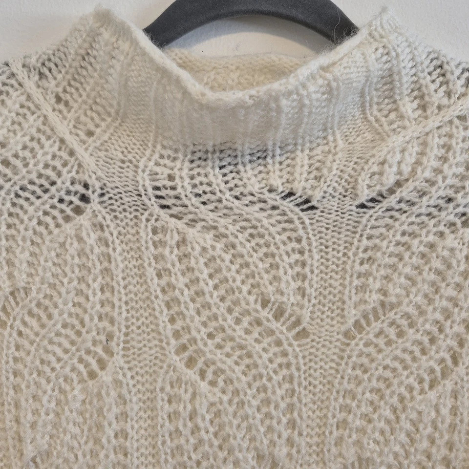 J. Suéter feminino Crew marfim malha de cabo tecido aberto pescoço simulado mistura de alpaca tamanho M - Imagem 3 de 4