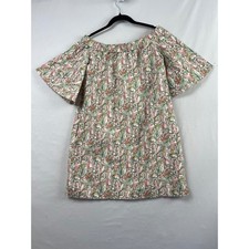 H&M Shift Dress Womens 2 Pink Green Botanical Tropical Off Shoulder Cotton Mini