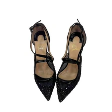 Christian Louboutin Twistissima Strass 85 Black Patent Mesh Strap Heel Pump  7.5