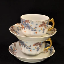 Haviland 2 Cups & Saucers Blue Florals w/Gold Handle Pompadour 14 Mold 1889-1896