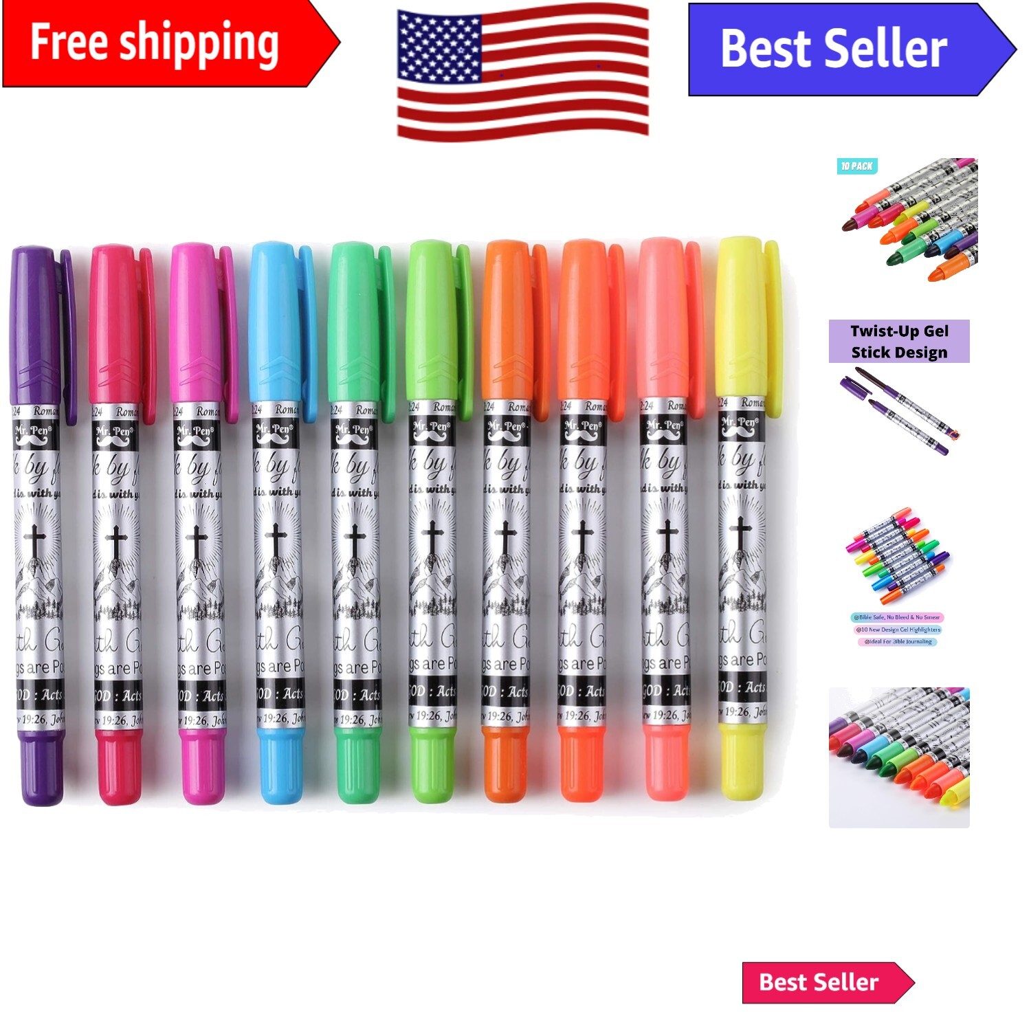 No Bleed Gel Highlighters for Bible and Writing - Pack of 10 in Vibrant Colors-image