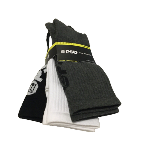 PSD 3 Pack Gray-White-Black Crew Socks Men's Shoe Size 6-12.5 NWT