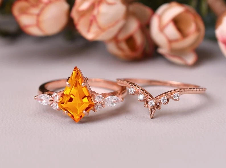 Juego de anillos de boda vintage nupciales citrino natural corte cometa plata chapado en oro rosa Foto 2 de 4