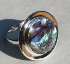 Large Sterling Silver 925 Abalone Shell Ring Round Circle Adjustable 1"