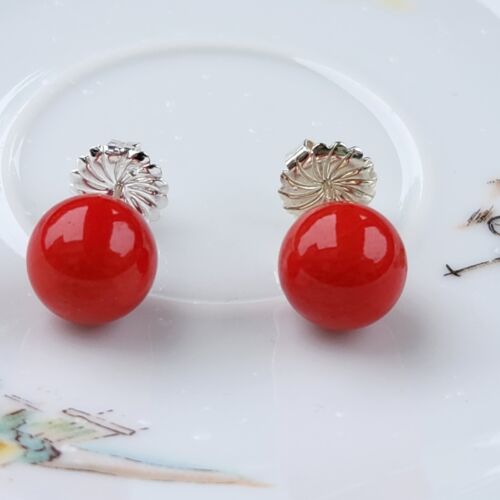 Handmade Red Coral 11.5mm Round Ball Stud Earrings in Solid Sterling Sliver