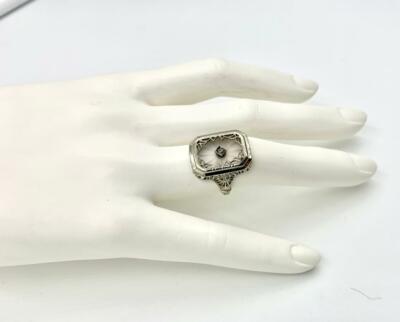Bague Art Déco En Or Blanc 14k Avec Diamant Givré Et Cristal De Roche - Taille 7 - Occasion