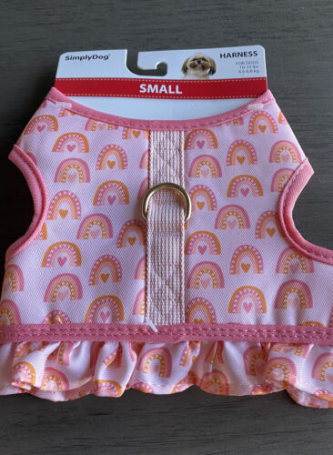 SIMPLY DOG PEACH WITH HEARTS PEACH TRIM RUFFLE HARNESS Puppy/Dog SMALL - Picture 1 of 2