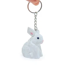 Rabbit Keychain Ring Hook Clip Charm Miniature Wood Figurine