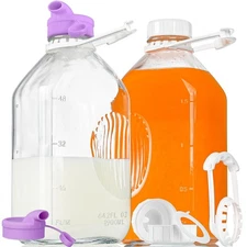 2 Pack 64oz Glass Milk Water Bottles with Silicone Spout Lids & Scale Lines
