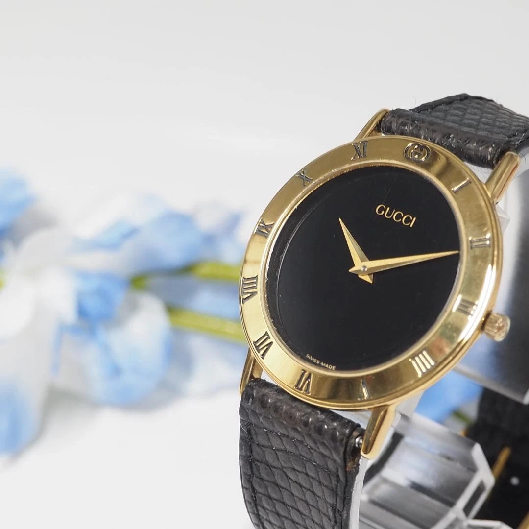 Orologio Uomo Gucci 3000.2.M Oro Nero 2 Mani Rotondo Analogico Quarzo Articolo Funzionante