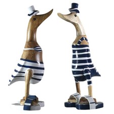 2X Holz Ente Lauf Ente Gartendeko Figur aus Bambus Wurzel und Teak Holz Blau