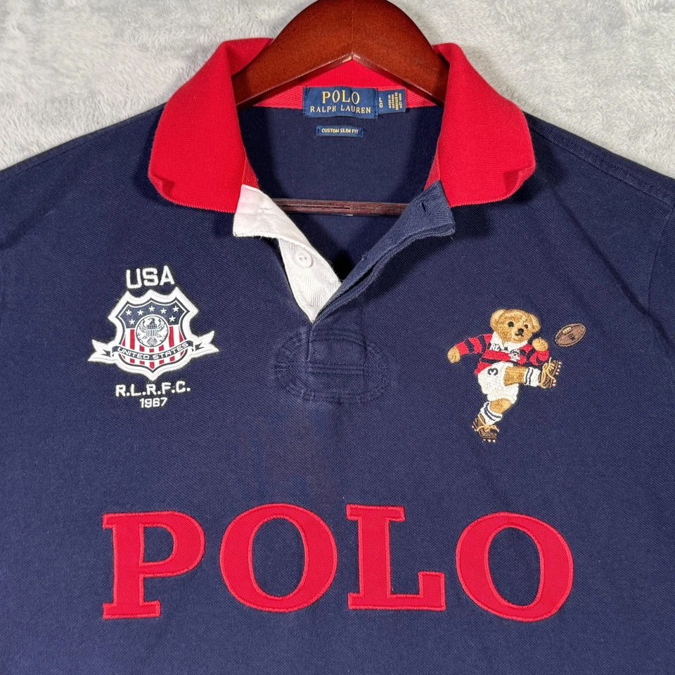 Ralph Lauren Polo Shirt Mens L Blue Custom Slim Fit Rugby Kicker Bear USA Flag - Image 2 of 4