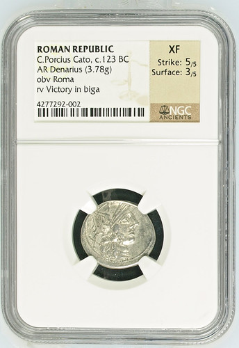 Roman Republic - Cn Porcius Cato 123 BC Silver AR Denarius NGC XF 5/5 3/5