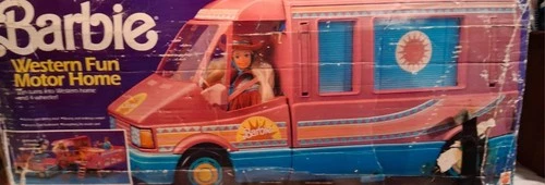 Barbie Motor Home Camper Pink Blue with Bicycle Suitcase Bed Vintage
