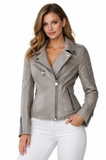 Weiche Echtleder Jacke taupe tailliert Bikerstil Steppärmel S