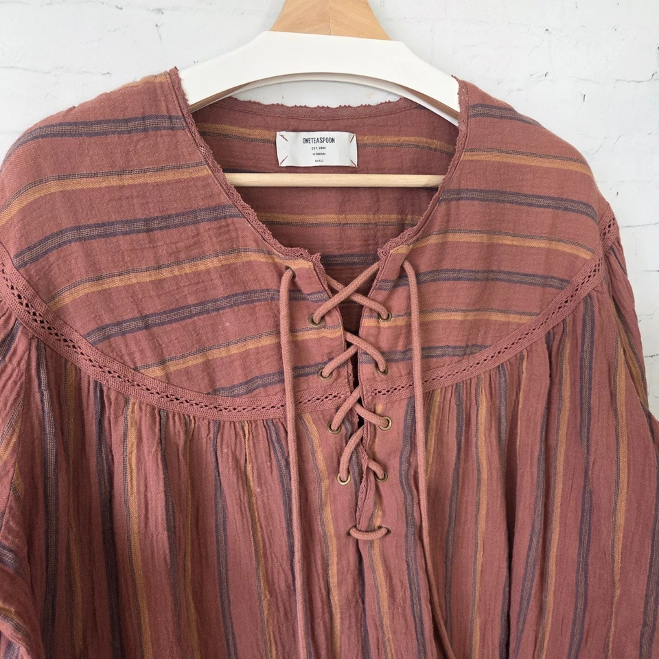 Top túnica a rayas del desierto de una cucharadita talla S marrón campesino boho manga globo Foto 4 de 4