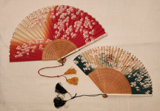 2 Vintage Japanese Folded Hand Fans - Cloth With Tassels