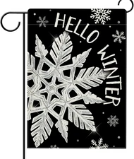 Hello Winter Snowflakes Garden Flag Double Sided, Christmas Snow Black Decorativ