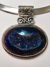 Modernist Blue Titanium Quartz Druzy Slide Pendant in Sterling Silver Signed
