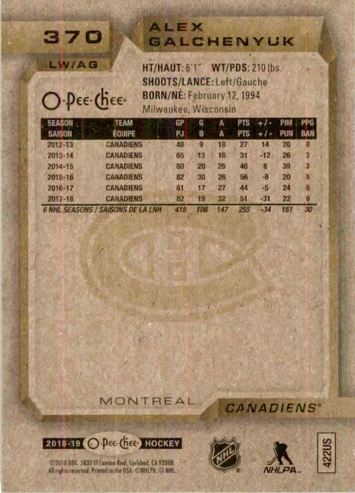 2018-19 O-Pee-Chee Alex Galchenyuk #370 - Image 2 of 2