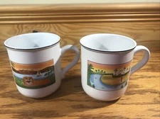 VINTAGE VILLEROY BOCH LAPLAU NAIF NAIVE PAINTED VITRO PORCELAINE MUGS CUPS SET 2