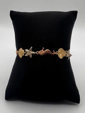 Beach Theme Bracelet Sea Shell Star Fish Sea Horse 14k Yellow Gold