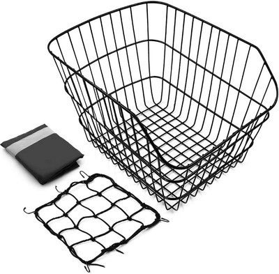 Rear Bike Basket, Waterproof Metal Wire Bicycle Basket with Adjustable Cargo Net