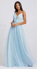 Mac Duggal Ice Blue Glitter Shimmer Plunge Neck Tulle Gown Size 10 $358