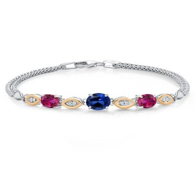 925 Silver and 10K Yellow Gold Created Sapphire and Created Ruby and White Lab