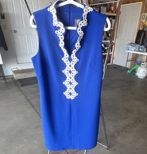 Vince Camuto Women's 12 Blue White Embroidered Knit Shift Dress Sleeveless