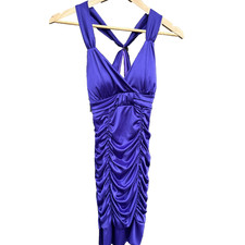 Vtg Y2K Deb Mini Dress Small Purple Ruched Satin Rhinestone Brooch Sweetheart
