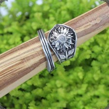 Women Sunflower Ring Adjustable Opening Geometric Silver Alloy Ring Vintage