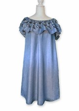 SIGNATURE STUDIO | Blue Chambray Embroidered Ruffled Neck Dress | Size M