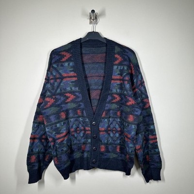 Herren Y2K 90s Abstract Aztec Retro Strick Cardigan Gr. XL