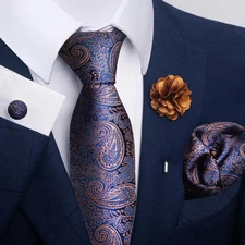 Brand Luxury 8 cm Tie Pocket Squares Pin Set Necktie Brown Paisley For Men Silk 