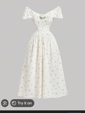 SHEIN Mod White Floral Embroidered Ditsy Formal Dress Fold Over Collar Small