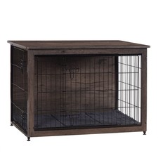 Dog Crate Furniture with Cushion, Wooden Kennel Table with Double Doors, Indo...