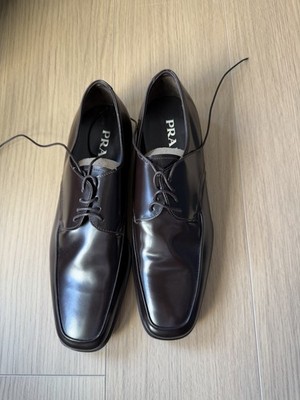 PRADA BROWN POLISHED LEATHER  DERBY DRESS SHOES LACE UP MEN SZ 5.5 APRON SQUARE