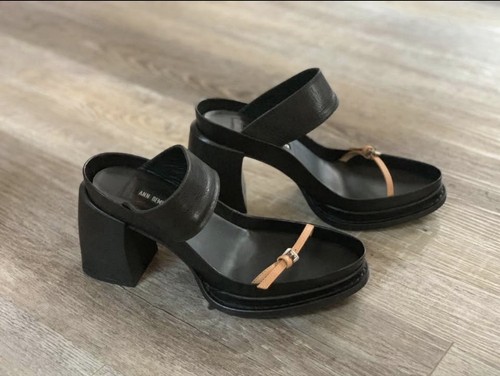 Ann Demeulemeester Black Beige Leather Strappy Block Heel Sandals Buckle Women