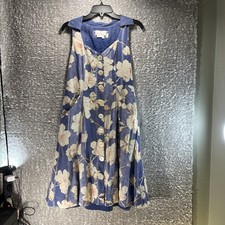 Anthropologie Sz 8 Camellia Collared Dress Blue Floral Print Linen Retro A-Line