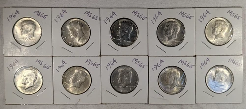 LOT OF 10 UNC 1964 KENNEDY HALF DOLLAR COINS $5 FACE VALUE UNCIRCULATED #87