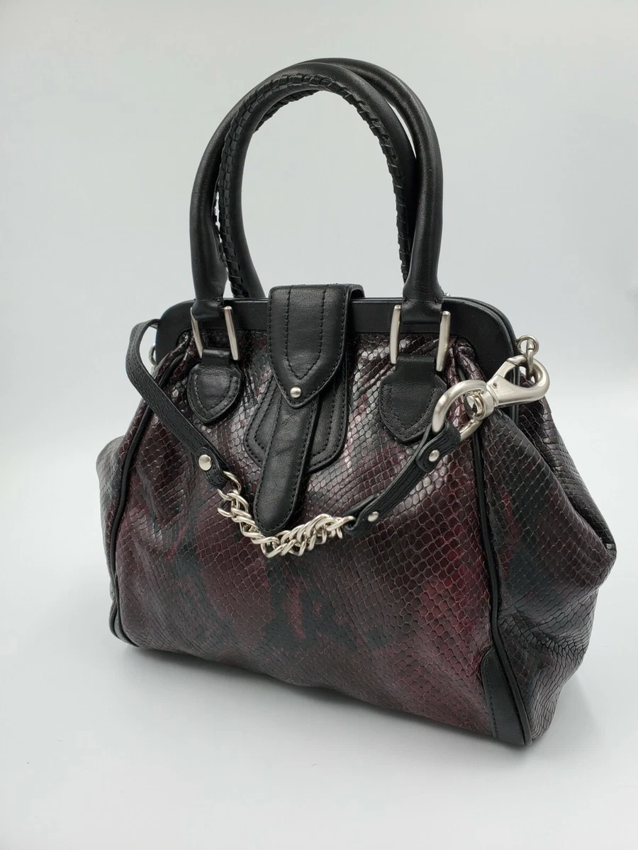 Cole Haan Purple Snakeskin Embossed Black Leather Chain Satchel Top handle bag