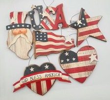Fourth Of July American Flag Heart Vintage Inspired Ornament Set 6 Wood 5"