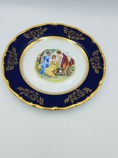 VINTAGE CZECHOSLOVAKIA COBALT UNDERGLAZE CABINET PLATE THREE MUSES 24KT GOLD
