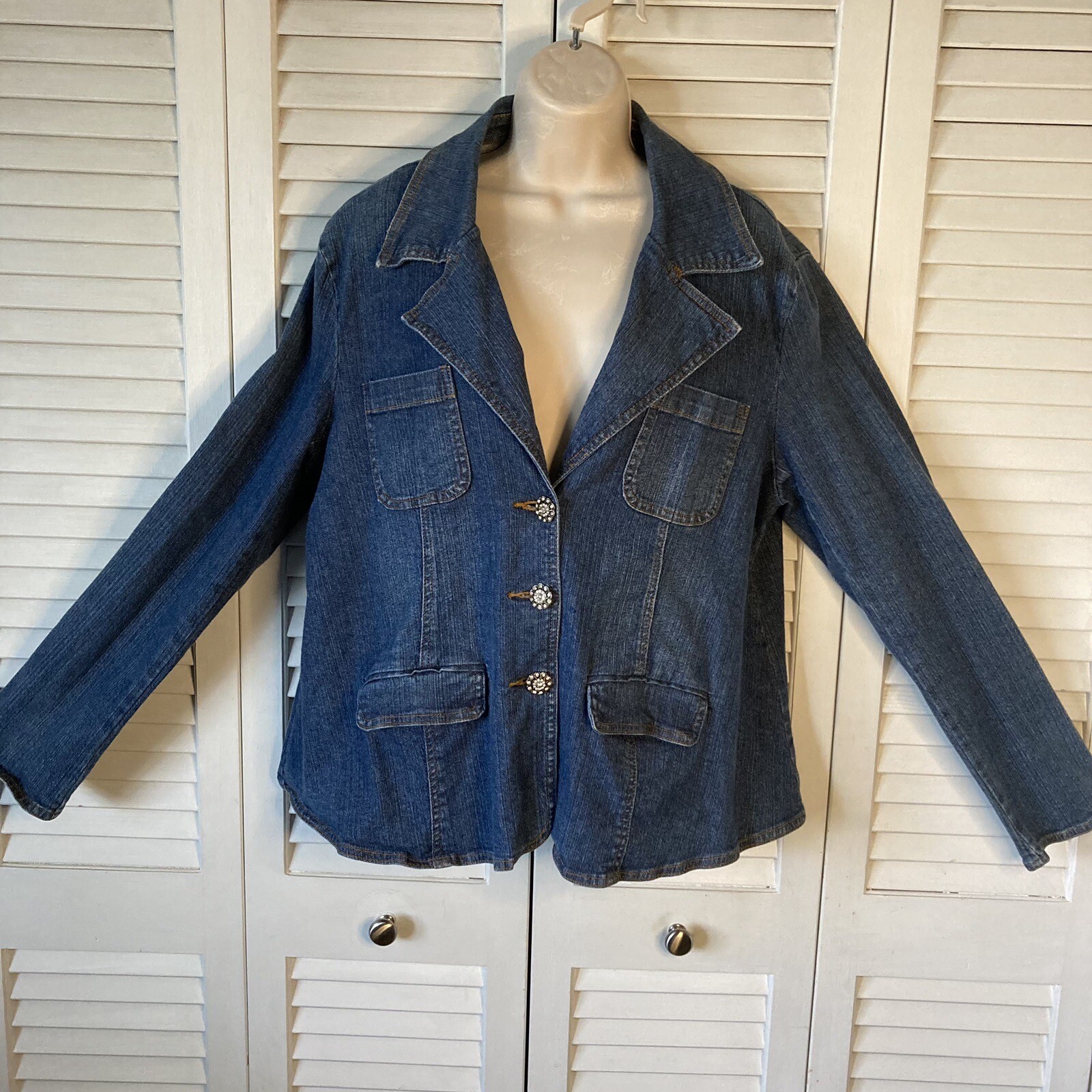 Carole Little Maternity w/ Rhinestone Button Front Blue Jeans Jacket L