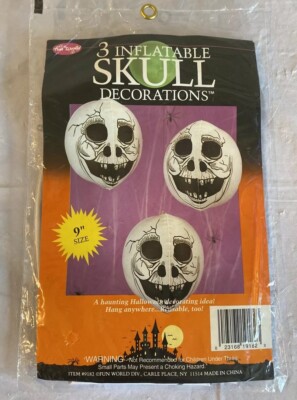 Inflatable Skull Decorations Halloween 9'' Set of 3 Fun World Skeleton NEW