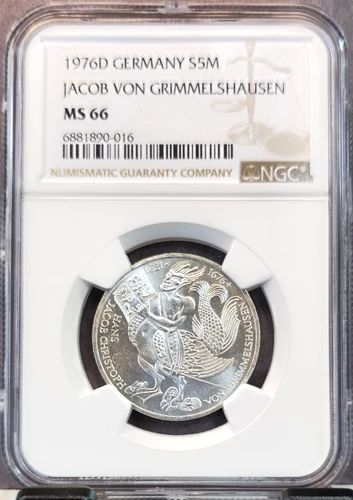 1976 GERMANY SILVER 5 MARK JACOB VON GRIMMELSHAUSEN NGC MS 66 BEAUTIFUL GEM BU