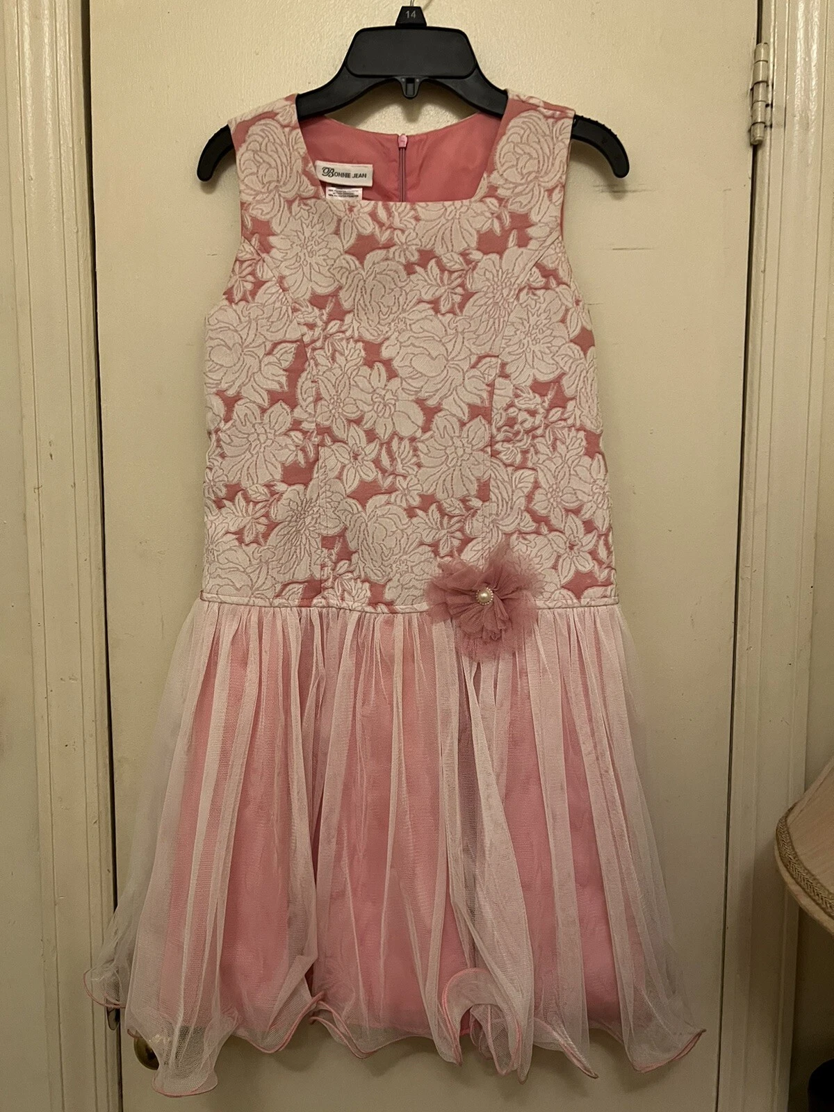 Bonnie Jean Girls Sleeveless Tutu Pink/White Flower Dress, Size 14